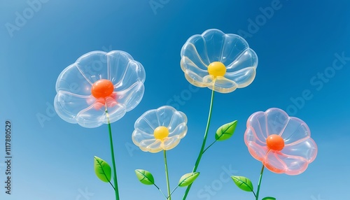Translucent Floral Art  A Stunning Display of Colorful, Balloon-Like Flowers Against a Vivid Blue Sky