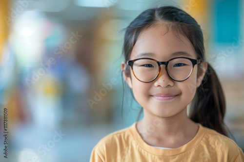 Portrait of a smiling young girl wearing eyeglasses over plain neutral background with copyspace for text 