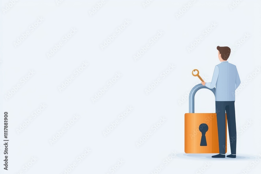 Unlock financial and freedom, A person standing next to a large padlock, holding a key, symbolizing security and access. Unlock financial and freedom, A person standing next to a large padlock, holding a key, symbolizing security and access.