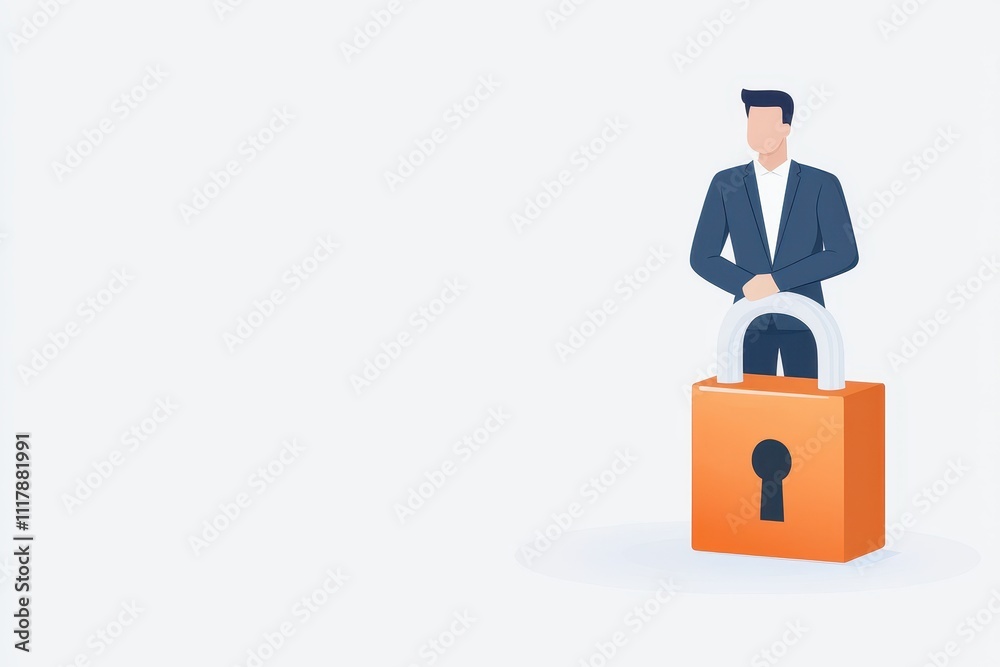 Unlock financial and freedom, A businessman standing confidently next to a locked padlock symbolizing security and trust. Unlock financial and freedom, A businessman standing confidently next to a locked padlock symbolizing security and trust.