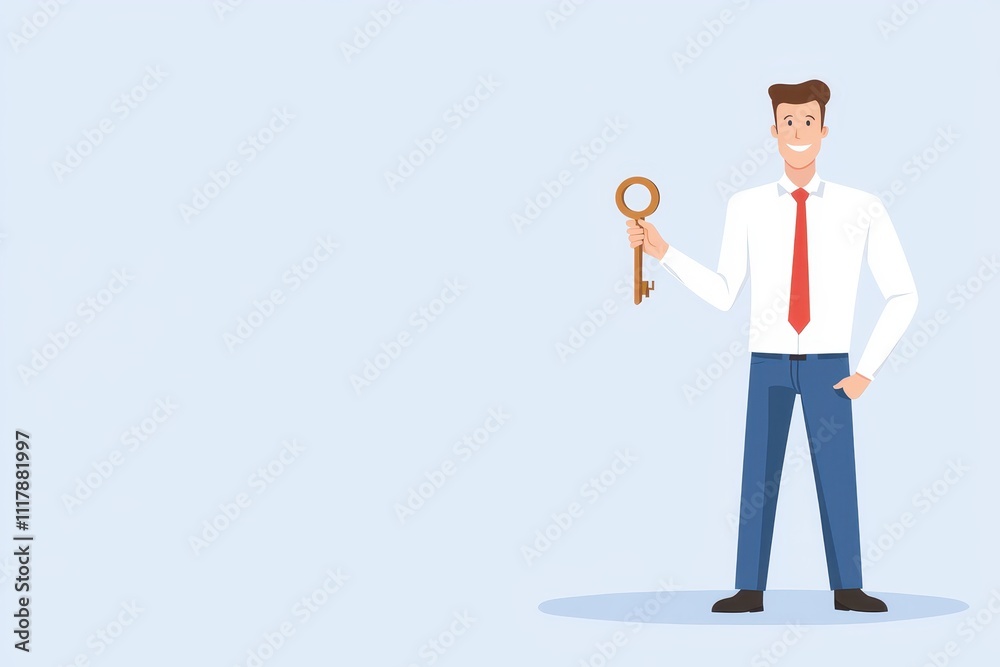 Unlock financial and freedom, A man in a white shirt holds a key against a light blue background. Unlock financial and freedom, A man in a white shirt holds a key against a light blue background.