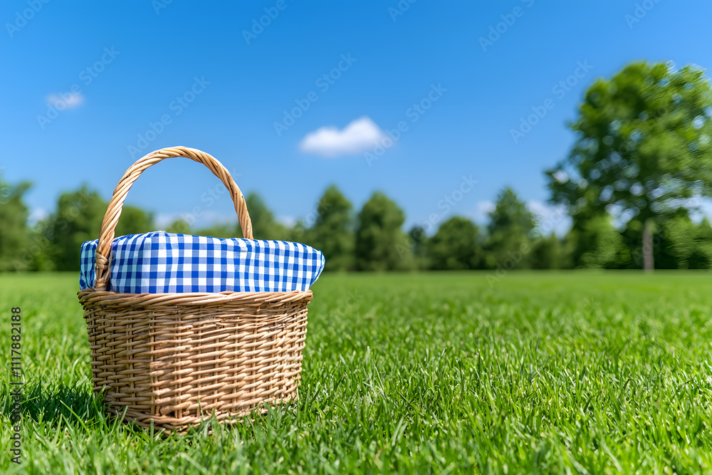 Picnic basket on summer nature on a green grass Picnic basket on summer nature on a green grass