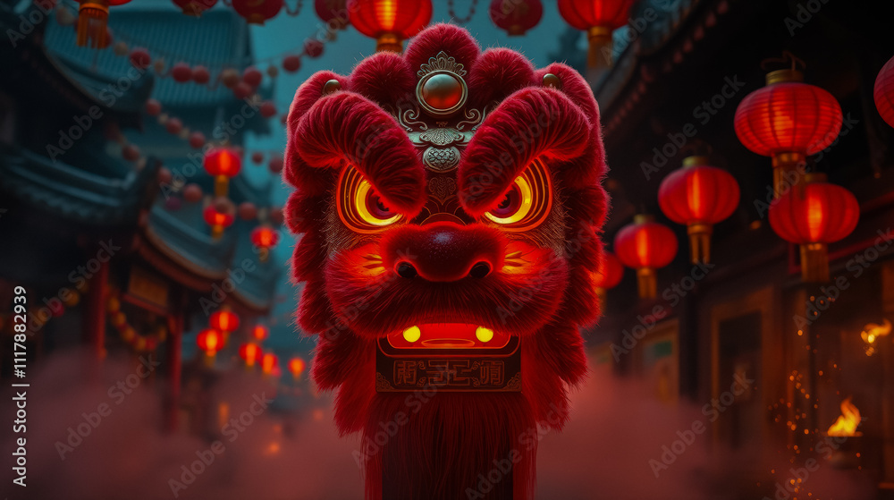 Fototapeta premium A golden dragon head in a traditional Chinese street adorned with glowing red lanterns, celebrating Chinese New Year.