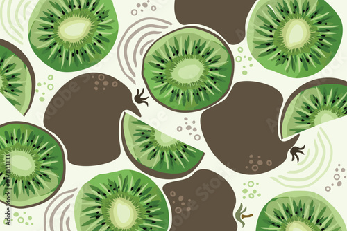 Stylish green kiwi fruit vector flat minimalistic isolated illustration. Fruit illustration for fabric or wallpaper design. half and cut slice kiwi illustration isolated on white background