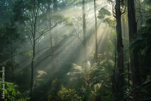 Sunlight filters through lush jungle trees, creating a serene and vibrant atmosphere in the dense foliage. First light reaching a misty rainforest.