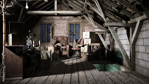 Alte Möbel undaltes Spielzeug auf einem düsteren Dachboden
