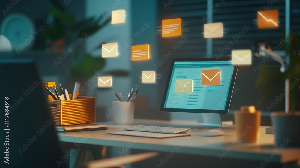 Naklejka premium Night workspace with computer displaying email notifications.