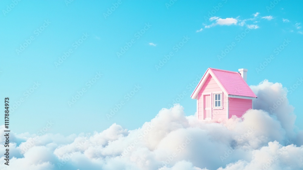 Whimsical pink house floating among fluffy clouds. Whimsical pink house floating among fluffy clouds.