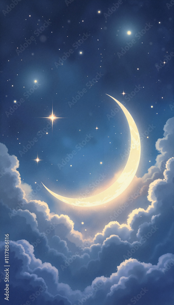 Beautiful crescent moon glowing in the starry night sky with fluffy clouds in a dreamy atmosphere Beautiful crescent moon glowing in the starry night sky with fluffy clouds in a dreamy atmosphere