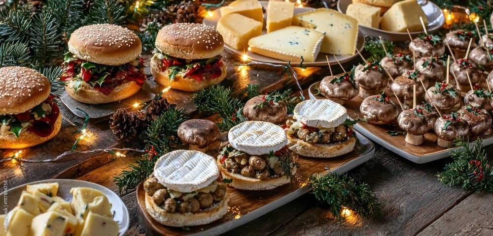 A holiday-inspired grazing table featuring sliders, stuffed mushrooms, and cheese platters, styled with fairy lights and sprigs of holly for a festive touch. A holiday-inspired grazing table featuring sliders, stuffed mushrooms, and cheese platters, styled with fairy lights and sprigs of holly for a festive touch.