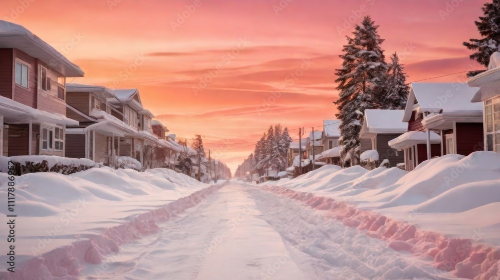 A snowy neighborhood at sunset, with a pink sky and snow-covered homes, creating a picturesque and serene winter scene A snowy neighborhood at sunset, with a pink sky and snow-covered homes, creating a picturesque and serene winter scene