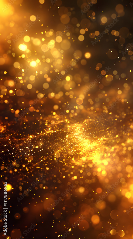 Dark background, gold particles, glitter on blurred background with a bokeh effect Dark background, gold particles, glitter on blurred background with a bokeh effect