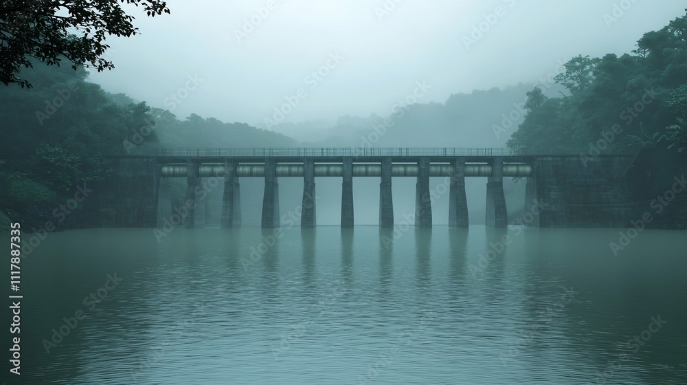 Hydroelectric Power Station on Tranquil River in Misty Landscape Hydroelectric Power Station on Tranquil River in Misty Landscape