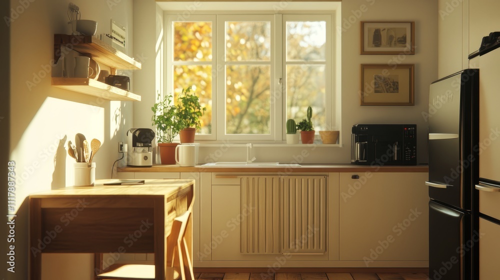 Bright and airy kitchen featuring a compact desk, a sunlit window, and warm wooden furniture with a contemporary design Bright and airy kitchen featuring a compact desk, a sunlit window, and warm wooden furniture with a contemporary design