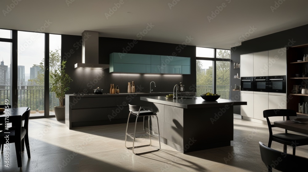 A modern kitchen featuring sleek cabinetry, a large island with bar stools, and expansive windows providing plenty of natural light and an urban view, offering a stylish cooking space