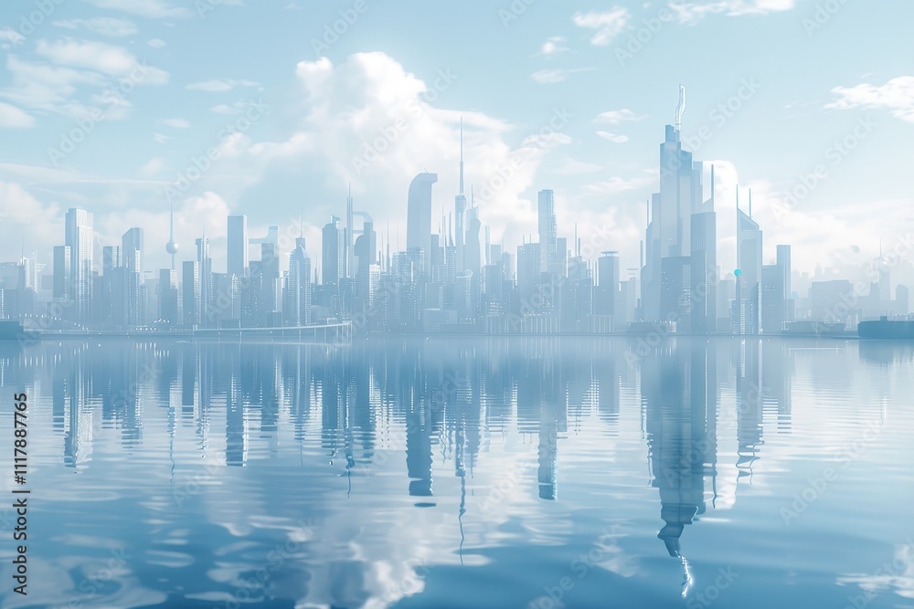 Fototapeta premium . A serene water surface captures the reflection of a bustling city, blending urban elements with the peacefulness of water. Futuristic cityscape reflected in the calm water .