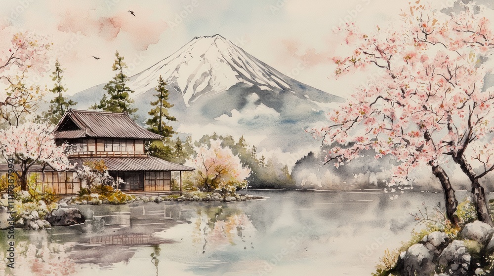 Serene landscape with mountains, cherry blossoms, and a house 