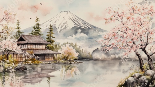 Serene landscape with mountains, cherry blossoms, and a house 