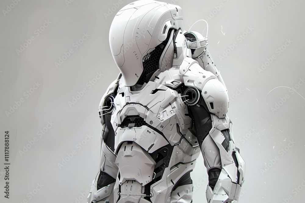 Futuristic high-tech armor suit design, A white robot wearing a helmet, standing upright against a neutral background, showcasing its sleek design and features. Futuristic high-tech armor suit design, A white robot wearing a helmet, standing upright against a neutral background, showcasing its sleek design and features.