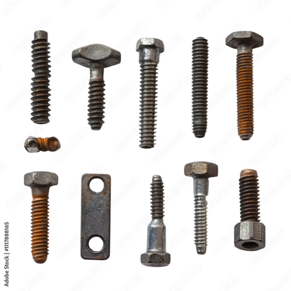 Industrial hardware collection various screws and bolts workshop setting close-up mechanical engineering focus Industrial hardware collection various screws and bolts workshop setting close-up mechanical engineering focus