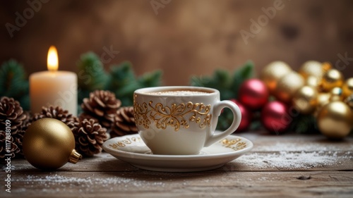 A beautifully crafted cup of coffee sits elegantly on a decorated saucer, accompanied by festive ornaments and a candle, creating a cozy, holiday atmosphere. 