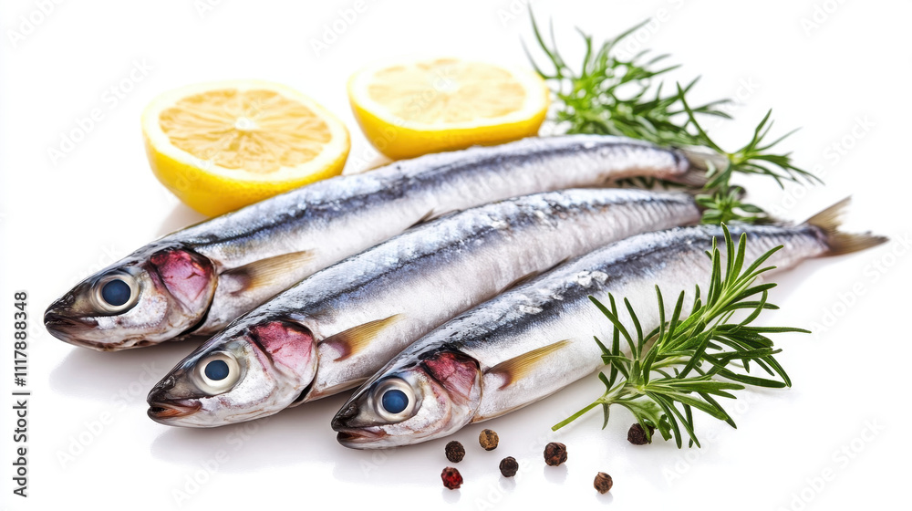 Fresh sardines with lemon slices and rosemary on a white background, ready for cooking. Fresh sardines with lemon slices and rosemary on a white background, ready for cooking.