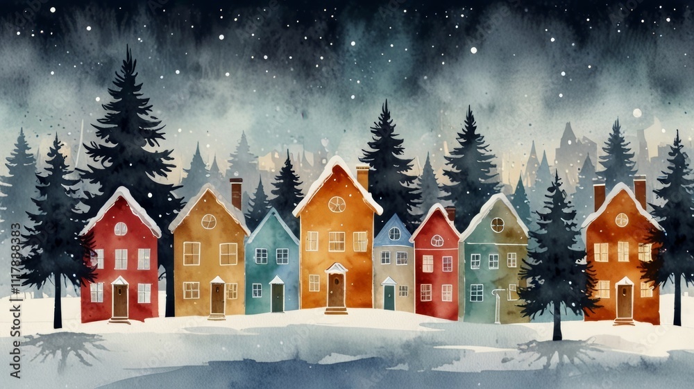 Fototapeta premium A serene watercolor winter scene features colorful, quaint houses amidst evergreen trees, blanketed in snow, capturing the tranquility and charm of a snowy landscape. 