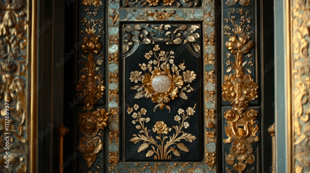 Close-up of a palace door with intricate inlays of mother-of-pearl, gilded handles, and floral engravings Close-up of a palace door with intricate inlays of mother-of-pearl, gilded handles, and floral engravings