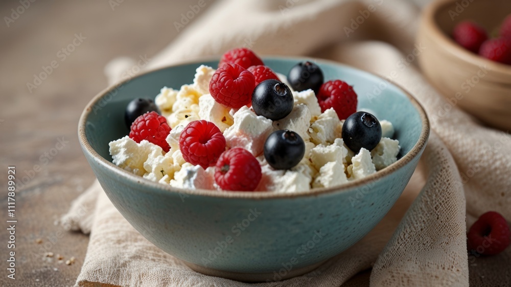 A light blue bowl holds fluffy cheese curds topped with fresh raspberries and blueberries, offering a wholesome and colorful dish that’s perfect for snacking any time of day. A light blue bowl holds fluffy cheese curds topped with fresh raspberries and blueberries, offering a wholesome and colorful dish that’s perfect for snacking any time of day.