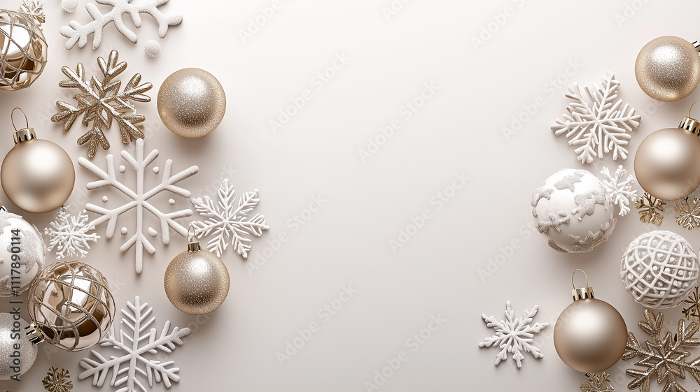 elegant Christmas background featuring a border of silver and white ornaments and snowflakes, elegant Christmas background featuring a border of silver and white ornaments and snowflakes,