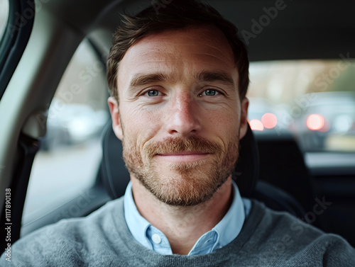 Young Man Driving with Focused Expression, Modern Urban Commuting 