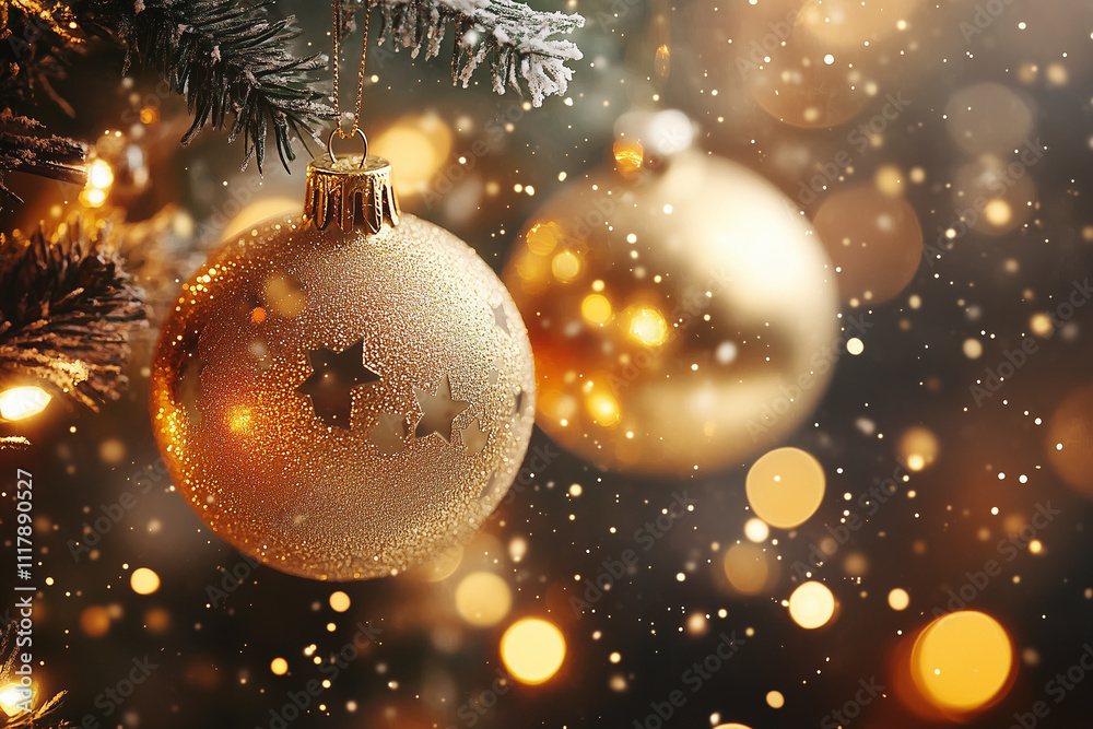 sparkling golden Christmas ornaments with intricate details, hang from a Christmas tree branch, sparkling golden Christmas ornaments with intricate details, hang from a Christmas tree branch,