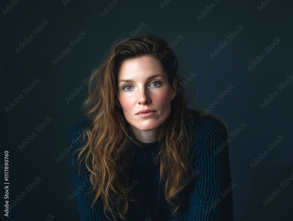 Fototapeta premium Stylish Portrait of Young Woman with Natural Expression in Studio Lighting