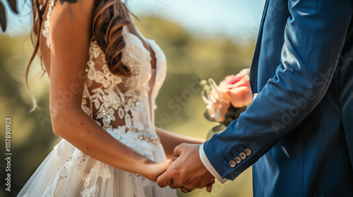 A bride and groom are smiling at each other outdoors.