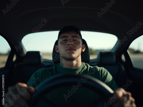 Young Man Driving with Focused Expression, Modern Urban Commuting 