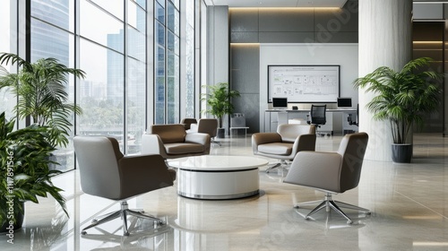 Contemporary office with stylish furniture, lush plants, and a neutral color palette, perfectly merging form and function