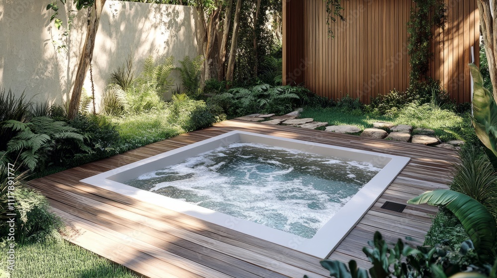 Contemporary plunge pool design in a small backyard, framed by sleek wooden decking and low-maintenance landscaping Contemporary plunge pool design in a small backyard, framed by sleek wooden decking and low-maintenance landscaping
