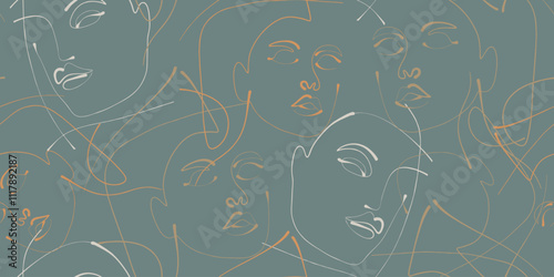 Seamless pattern line drawing of women with different faces