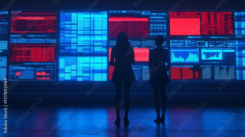 Two silhouetted figures stand before a wall of vibrant data displays, featuring graphs and numbers in blue and red hues, suggesting a high-tech environment. Two silhouetted figures stand before a wall of vibrant data displays, featuring graphs and numbers in blue and red hues, suggesting a high-tech environment.