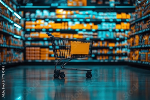 Shopping cart displayed in a grocery store aisle modern retail environment focused perspective for consumer engagement photo