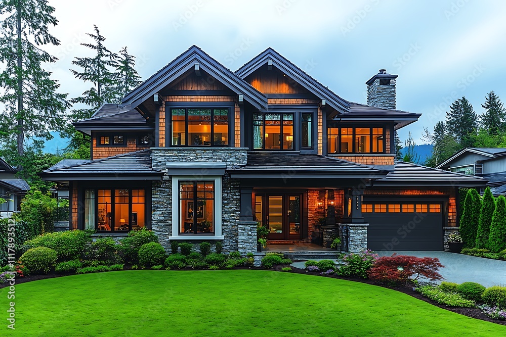 Fototapeta premium Luxury house at night in Vancouver, Canada. 
