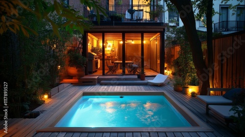 Wallpaper Mural Evening ambiance in a compact urban backyard with a lit plunge pool, wooden decking, and a cozy outdoor dining area Torontodigital.ca