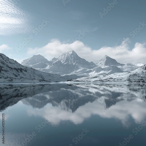 Majestic Snowy Mountains Reflected in Calm Glacial Lake Landscape