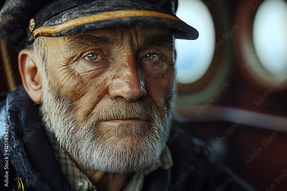 Portrait of a weathered old sailor with a thoughtful expression.