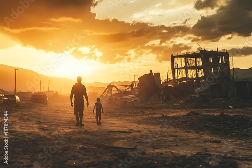 A father and son walk through a destroyed city at sunset