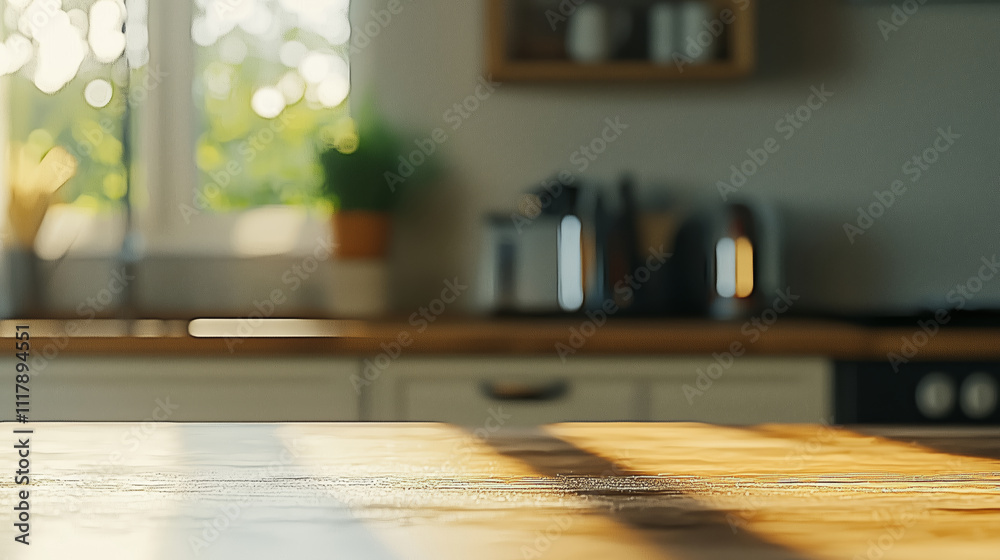 Fototapeta premium Wooden tabletop with kitchen in the background