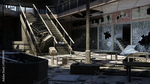 Zerstörtes Einkaufszentrum mit zerbrochen Glasscheiben und Schutt auf dem Boden