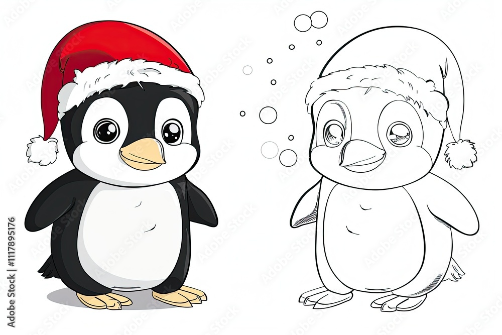 Fototapeta premium Black-and-white Christmas coloring page and its vibrant colored version for kids