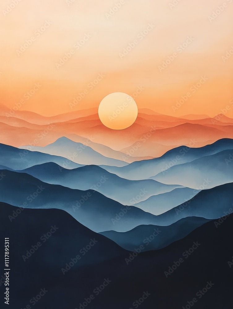 A serene landscape showcasing layered mountains beneath a warm sunset, blending soft hues of orange, blue, and deep shadows for a tranquil atmosphere. A serene landscape showcasing layered mountains beneath a warm sunset, blending soft hues of orange, blue, and deep shadows for a tranquil atmosphere.