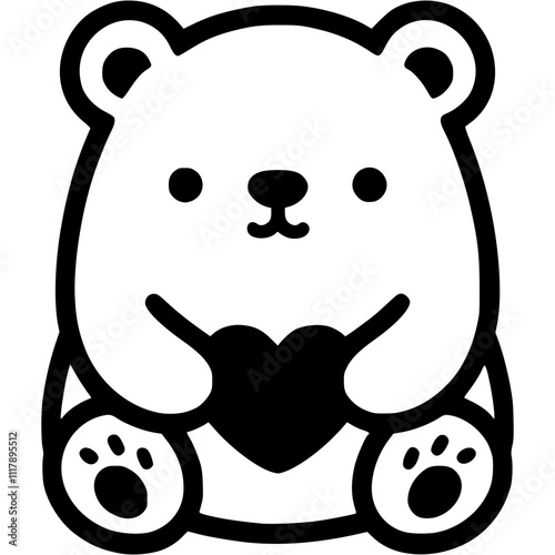 Polar bear holding heart shaped card in monochrome. Simple minimalistic vector in black ink drawing on transparent background